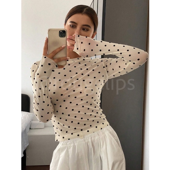 Cream Off White Polka Dot Mesh Sheer Long Sleeve Tee Shirt Top - Picture 8 of 13